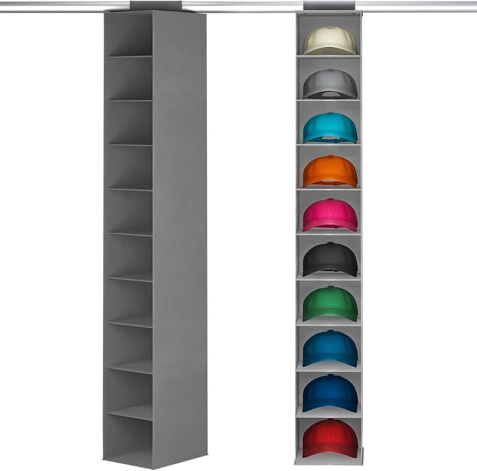 Lifewit 10 Compartments Hat Organizer for Baseball Caps, 1 Pack Hat Rack Hanging Storage organizer, Non-Woven Fabric Display Shelf Holds Up to 40 Hats, Cap Holder Hanger for Closet, Bedroom, Grey