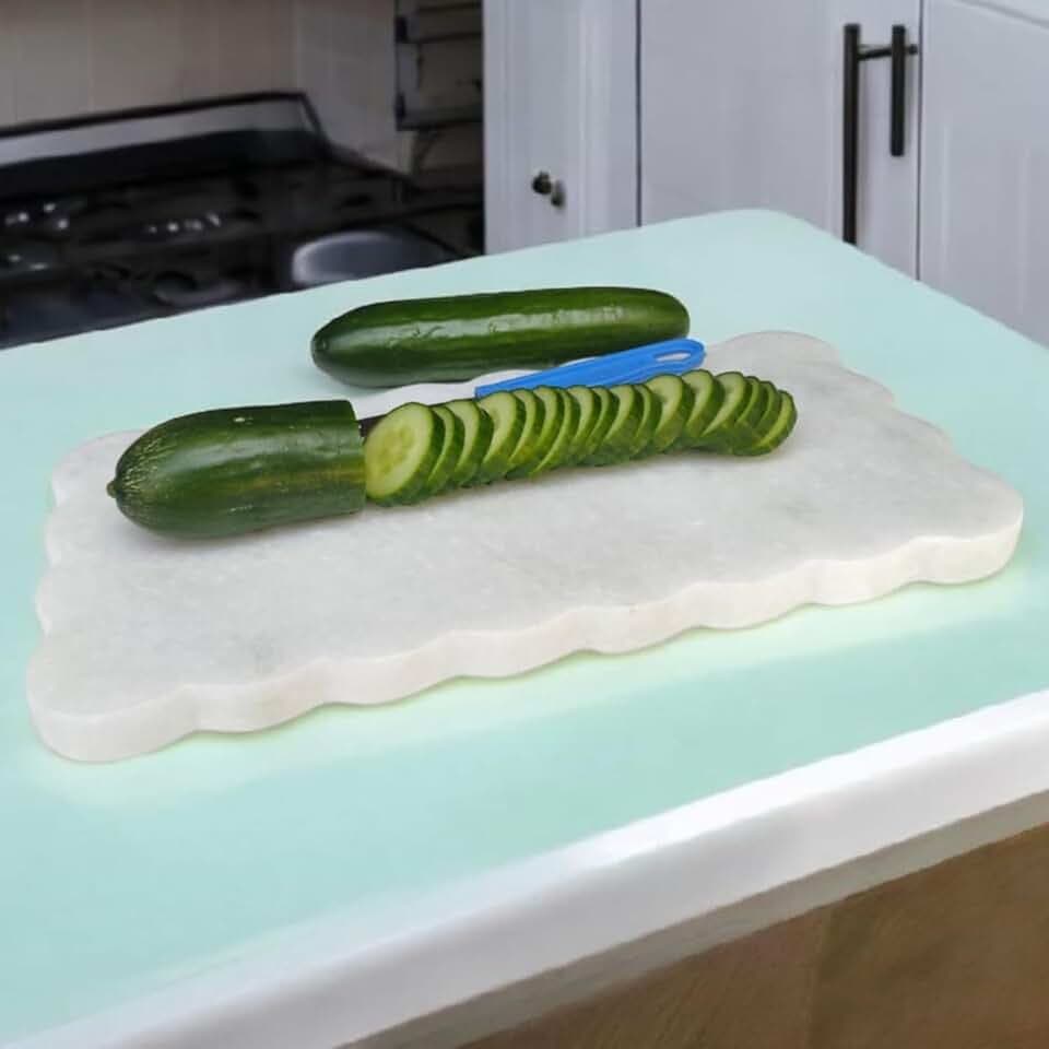 Natural Multi-Purpose Marble Charcuterie & Cutting Board with Scalloped Edge Chopping Board Decorative Vanity Bathroom Kitchen Tray Non-Slip Bumper Scratch Proof Home Décor Perfume Display 12"x6"