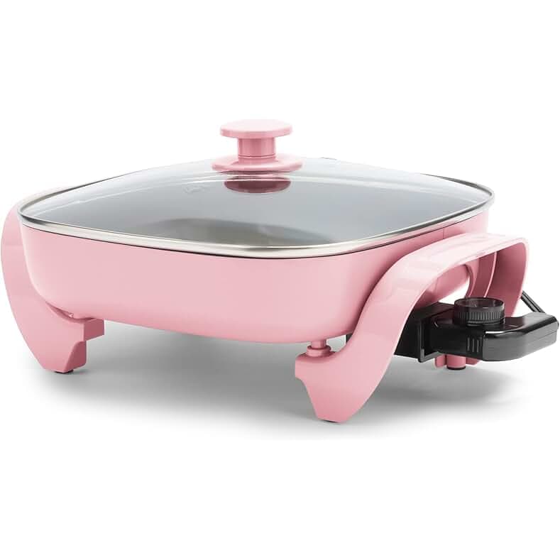 GreenLife12" 5QT Square Electric Skillet, Glass Vented Lid, Ceramic PFAS-Free Nonstick Coated Interior, Adjustable Temperature Control, Cool Touch Handles, Quick Even Heating, Scratch Resistant, Pink