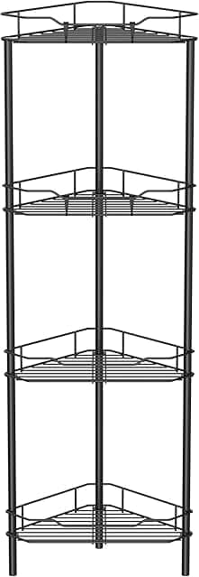 4 Tier Floor Standing Corner Shower Caddy Organizer Shelf with Hooks, Bathroom Shelves Stand Rack, Black