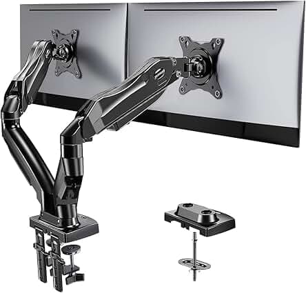 HUANUO Dual Monitor Stand - Full Adjustable Monitor Desk Mount Swivel Vesa Bracket with C Clamp, Grommet Mounting Base for 13 to 32 Inch Computer Screens - Each Arm Holds 4.4 to 19.8lbs