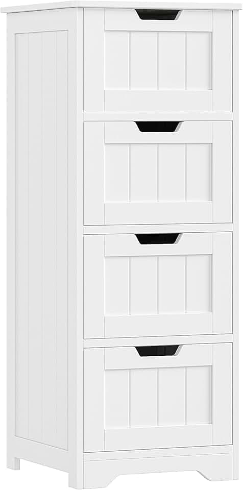 FOTOSOK Bathroom Storage Cabinet, Bathroom Cabinet with 4 Drawers, 11.8” x 11.8” x 32.5” Freestanding Entryway Cupboard Storage Organizer Unit Home Furniture Decor, White