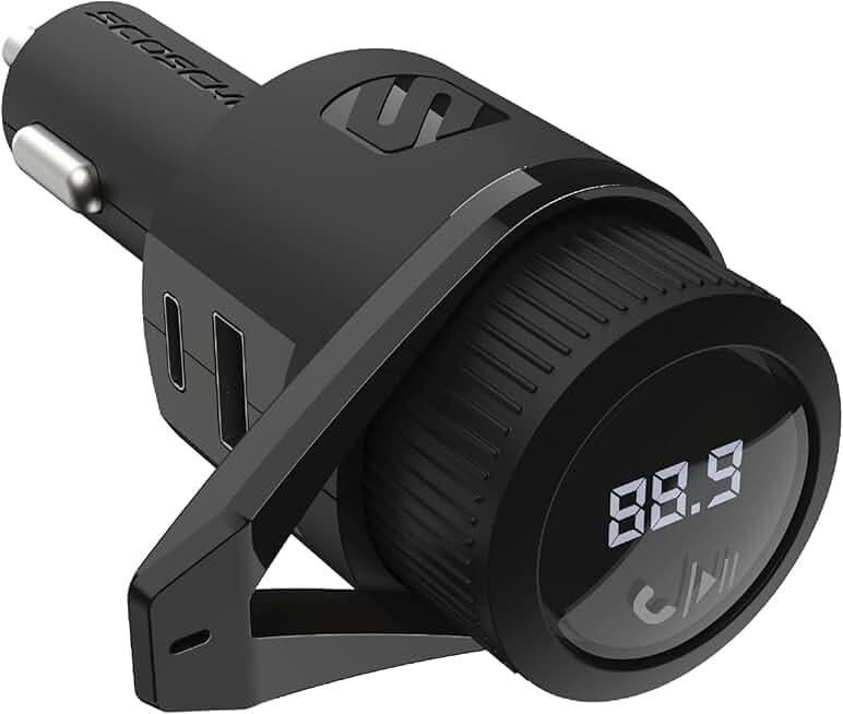 Scosche BTFM9 FM Bluetooth Transmitter Car, Dual 12W USB-C and USB-A Charging Ports, Fast Type C Car Charger, Wireless Radio Bluetooth Adapter, Hands-Free Kit for Calls, Siri and Google Assistant