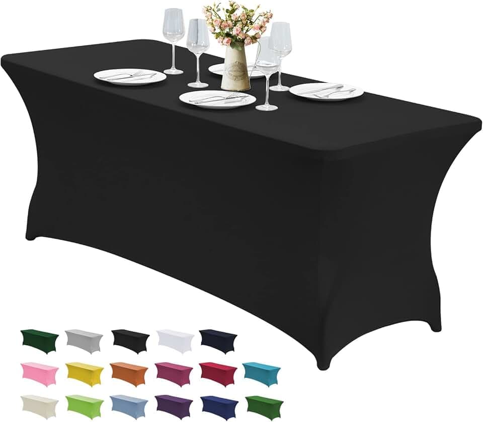 CWK 6FT Waterproof Stretch Spandex Table Cover for Rectangular Tables - Elastic Fitted Tablecloth for Folding Tables,Wrinkle Resistant Table Cloth for Parties, Weddings, Banquets & Events (Black)