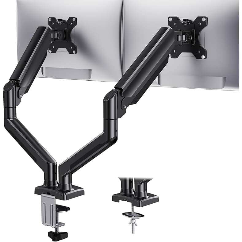 HUANUO Dual Monitor Mount for 2 Monitors up to 32 inches, Each Arm Holds Max 22lbs, Dual Monitor Stand with Gas Spring System, Height-Adjustable/Tilt/Swivel/Rotate, VESA Standard 75mm or 100mm