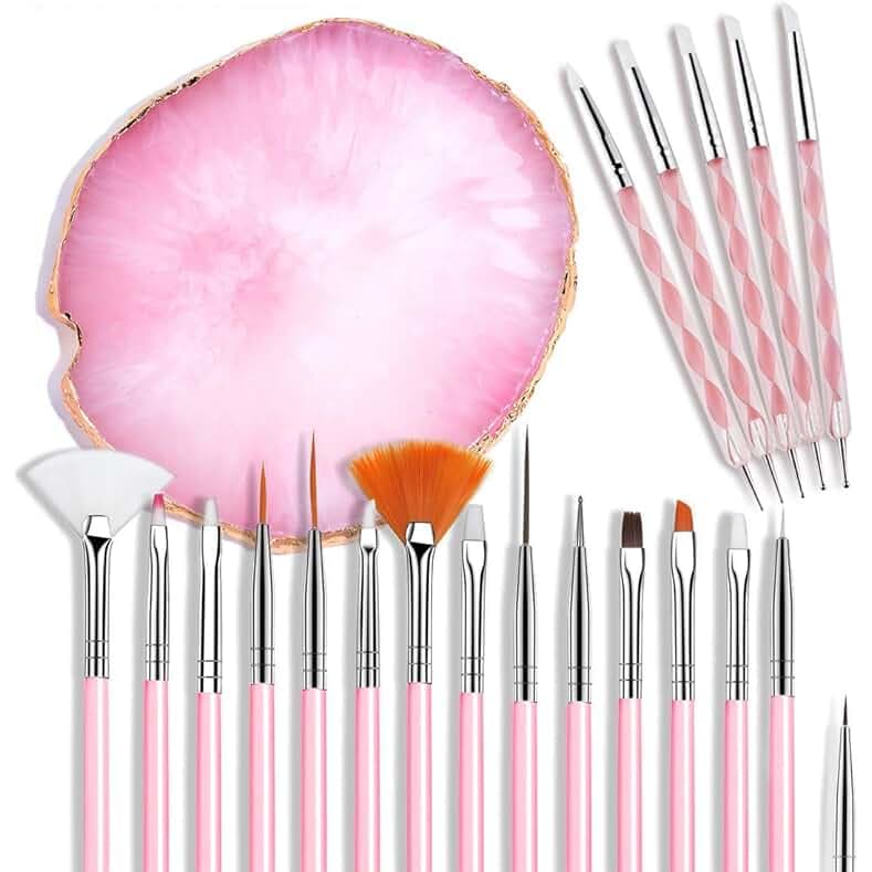 21 Pcs Nail Art Brushes Nail Art Tool Set Resin Palette Nail Art Painting Mixed Color 2 Way Acrylic Silicone Carving Pen Dotting Pen Tool Manicure Kit DIY Makeup Display Board for Home Salon, Pink