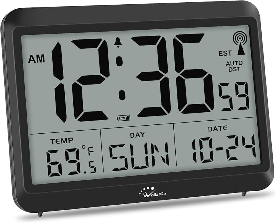 WallarGe Atomic Digital Wall Clock Battery Operated, Self-Setting, Large Display with Temperature, Date, Day of The Week, Silent Wall Mount Digital Clock, 4 Time Zones, DST