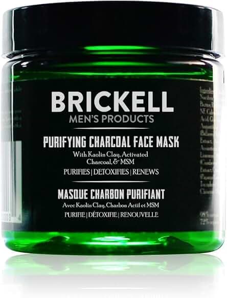 Brickell Men's Purifying Charcoal Face Mask Skin Care Product, Natural and Organic Activated Charcoal Facial Mask With Detoxifying Kaolin Clay, 4 Ounce, Unscented