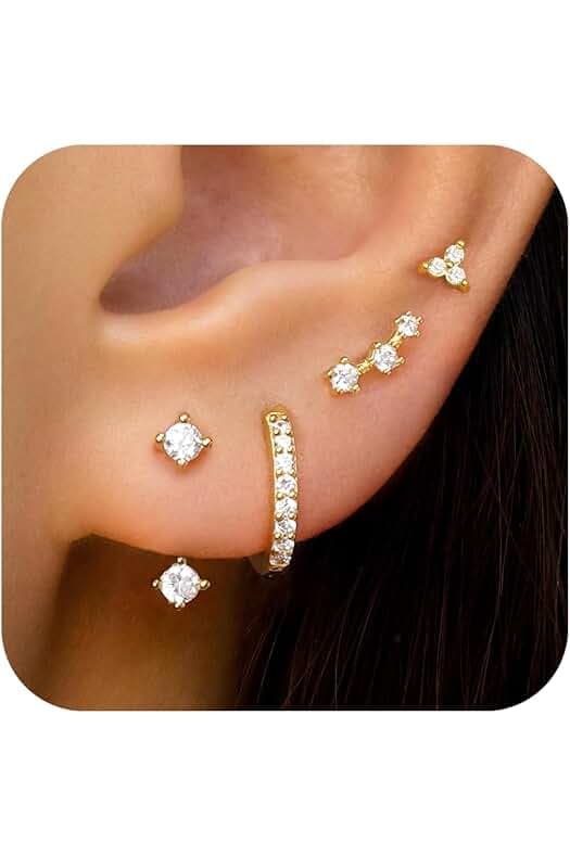 4 Pairs Stud Hoop Earrings Set for Women, Trendy Dangle Jacket Huggie Stacks for Multiple Piercing, Hypoallergenic Cartilage Jewelry Gifts