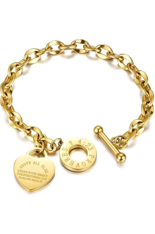 Heart Charm Bracelet for Women Teen Girls, Bible Verse Bracelet Stainless Steel 18K Gold Plated Bracelet Love Pendant Link Chain OT Clasp, Birthday Christmas Jewelry Gift for Mother Her