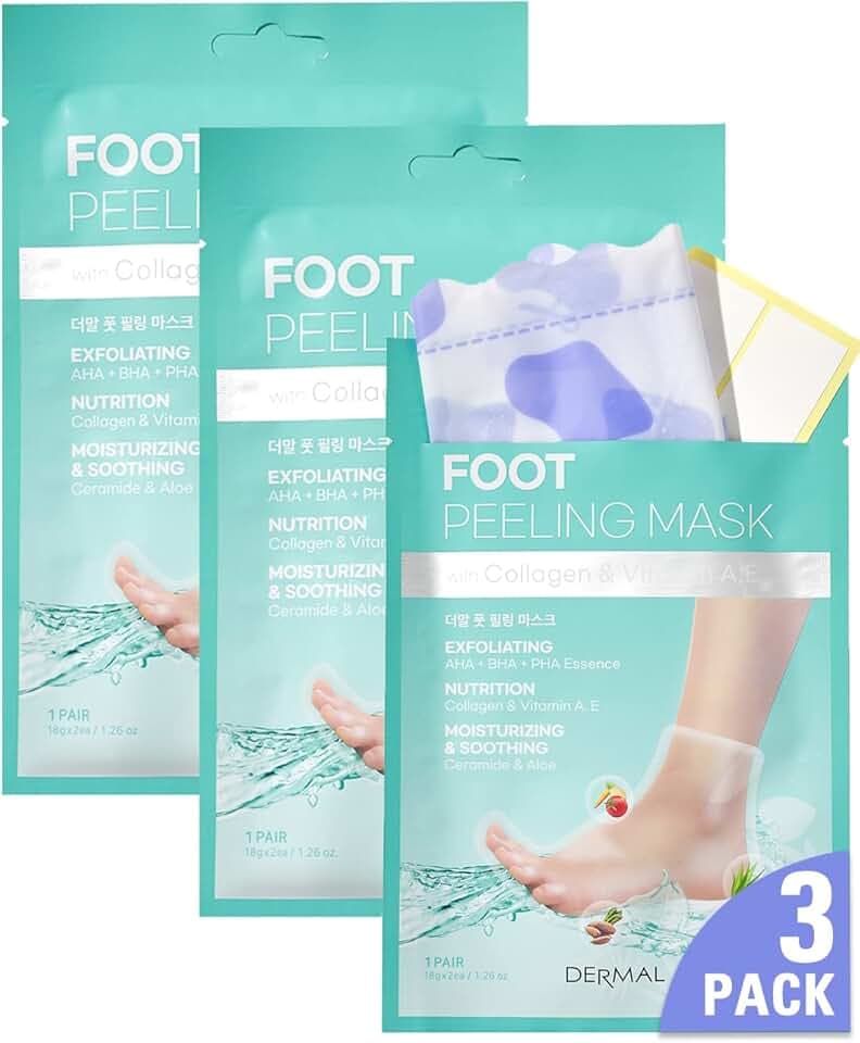 DERMAL KOREA Foot Peeling Mask 3 Pack For Dry Foot And Cracked Heel & Callus With Aloe Vera And Collagen - Exfoliating Peel Mask With Aha, Bha, & Pha And For Moisturizing, Soothing & Refreshing Feet