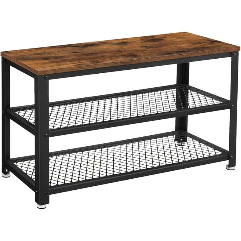 VASAGLE, 3-Tier Shoe Rack, Shelf Storage Bench with Metal Mesh Shelves and Seat, Free Standing Shoe Organizer for Entryway, 11.8 x 28.7 x 17.7 Inches, Rustic Brown and Black ULBS73X