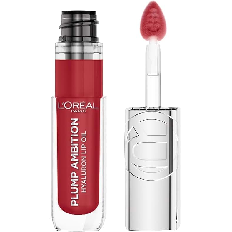 L'Oreal Paris Plump Ambition Hyaluron Lip Oil, 24 HR Lip Gloss with Hyaluronic Acid, Volumizing Formula with Glass-Like Shine, Cherry Cherie 390, 0.16 Fl Oz