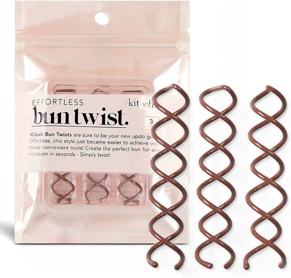 Kitsch Spiral Bobby Pins for Girls and Women - Hair Bun Maker | Rounded Tips, Chip-Resistant Bun Twist Spiral Hair Pins | Secure Hold All-Day - 3Pcs, Brown