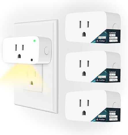 Linkind Matter Smart Plug with LED Night Light, Work with Alexa, Apple Home, Google, Smart Outlet 15A/1800W, Dusk to Dawn, Plug in Wall, Timer&Schedule, ETL&FCC Certified, 2.4GHz Wi-Fi Only, 4 Pack