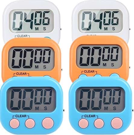 6 Pack Small Digital Kitchen Timer Magnetic Back and ON/Off Switch,Minute Second Count Up Countdown (Multicolored)