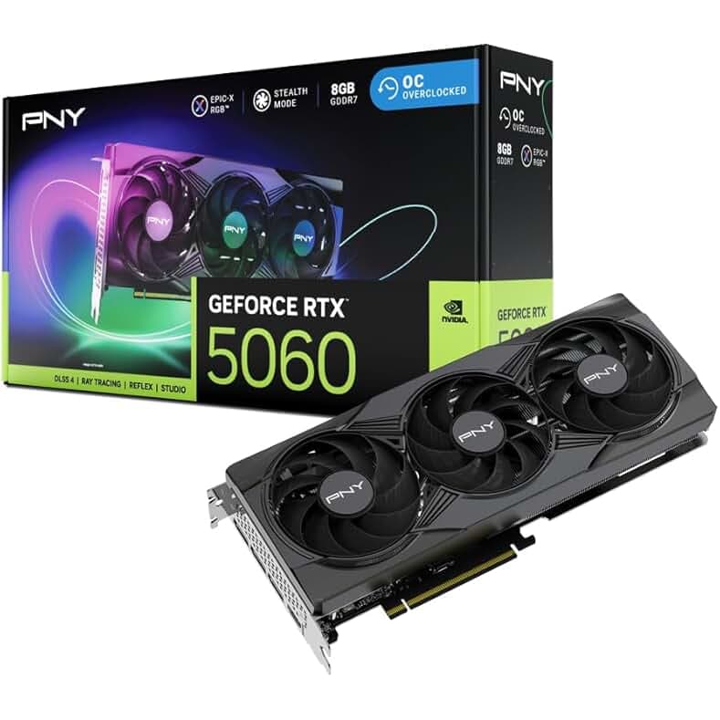 PNY NVIDIA GeForce RTX™ 5060 8GB ARGB Overclocked Triple Fan Graphics Card (DLSS 4, PCIe® 5.0, HDMI®/DP 2.1, 2-Slot, Epic-X™ RGB Lighting)