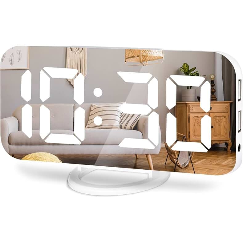 White Digital Alarm Clock for Bedrooms, Large LED Mirror Display Despertador Digital, 2 USB Charging Ports, Auto Dim Mode, Clocks for Bedroom Office Living Room