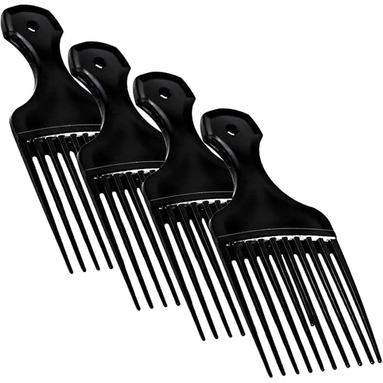 Plastic Hair Pick Comb – Wide Tooth Afro Lift Picks - Pack of 4 Combs - 5.25 Inch - for Styling Lifting Detangling Adding Volume for Long Curly and Thick Hair, Wigs and Beards for Men & Women