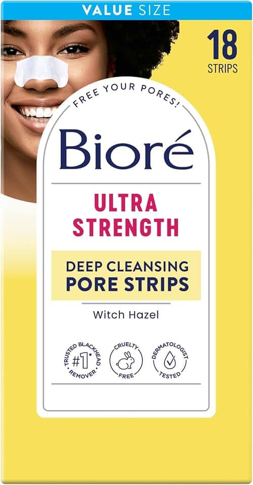 Bioré Witch Hazel Ultra Strength Blackhead Remover Pore Strips, Clears Pores up to 2x More than Original Pore Strips, features C-Bond Technology, Oil-Free, Non-Comedogenic Use, 18 Count