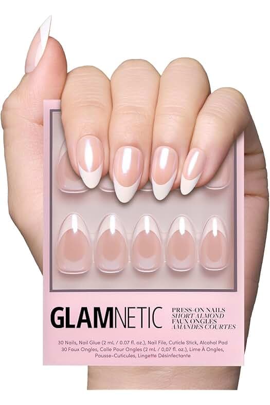 Glamnetic Press On Nails - Mrs. | Short Almond Fake Nails with French Tips and Glossy, Glazed Finish for Weddings, Reusable | 15 Sizes - 30 Nail Kit with Glue