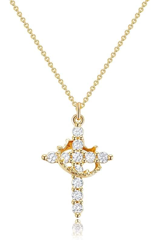 Women's Gifts Upgraded Crown Cross Necklace for Women 14K Gold Plated Crown Cross Pendant Necklace Simple Diamond Gold Necklaces Faith Cross Jewelry First Communion Necklace
