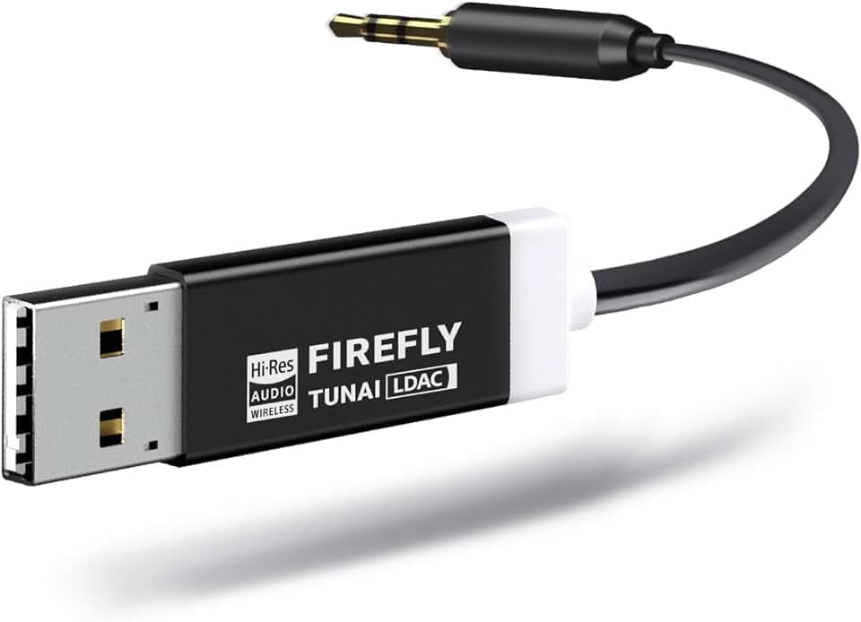 TUNAI Firefly LDAC Bluetooth Receiver: High Resolution Wireless Audio Bluetooth 5.0 Adapter with Audiophile USB DAC 3.5mm AUX for Car/Home Stereo Hi Res Music Streaming; Auto On, No Charging Needed