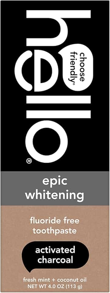 hello Epic Whitening Charcoal Fluoride Free Toothpaste, Activated Charcoal Toothpaste with Coconut Oil, Whitens Teeth Naturally, SLS Free, Fresh Mint, 4.0 Oz Tube