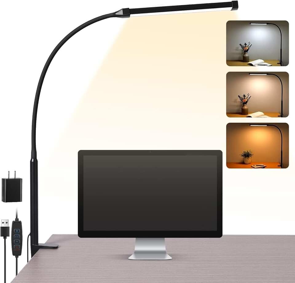LED Desk Lamp with Clamp, Eye-Caring Clip on Lights for Home Office, 3 Modes 10 Brightness, Long Flexible Gooseneck, Metal, Swing Arm Architect Task Table Lamps with USB Adapter, Black