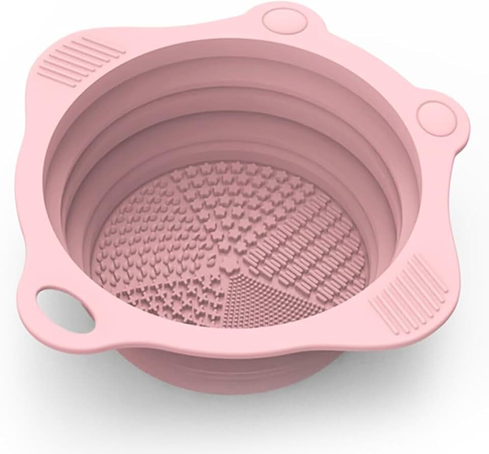 Foldable Silicone Makeup Brush Cleaner Pad Bowl, YalsFTY Portable Mat Scrubber Cleaning Tool for Makeup Brushes (Pink)