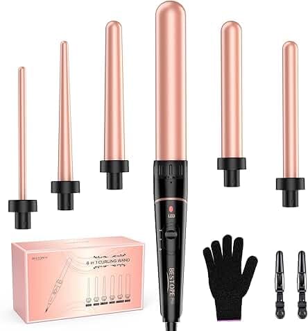 Long Barrel Curling Iron Wand Set, BESTOPE PRO 6 in 1 Curling Wand Set with Ceramic Barrel for Long/Medium Hair, 0.35"-1.25" Interchangeable Hair Wand Curler, Dual Voltage, Include Glove & Clips