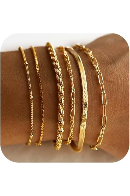 DEARMAY Gold Bracelets for Women Waterproof, 14K Real Gold Jewelry Sets Trendy Thin Dainty Stackable Cuban Link Paperclip Chain Bracelet Pack Fashion Accessories Gifts for Womens