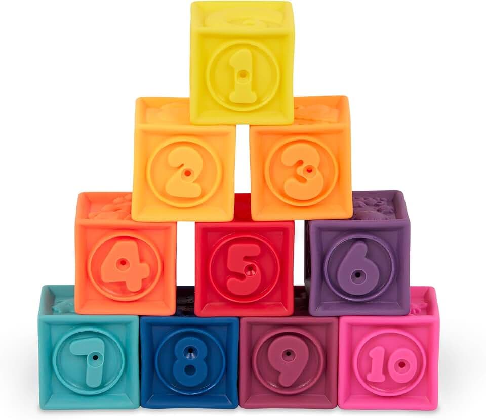 B. toys – Baby Blocks – Stacking & Building Toys For Babies – 10 Soft & Educational Blocks- Numbers, Shapes, Colors, Animals- One Two Squeeze- 6 Months +