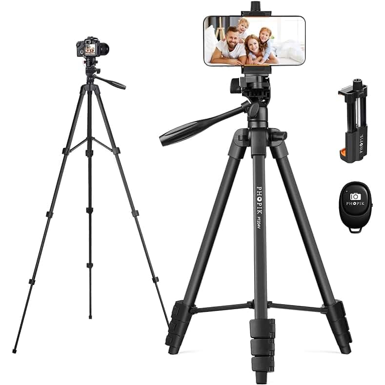 55" Phone Tripod, PHOPIK Aluminum Extendable Tripod Stand with Shutter, Carrying Bag, Compatible with iPhone/Android/Sport Camera&Insta 360 x5 Perfect for Video Recording/Selfies/Live Stream/Vlogging