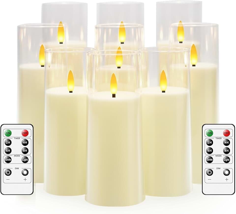 Flickering Flameless Candles Battery Operated with Remote and 2/4/6/8 H Timer Plexiglass Led Pillar Candles Pack of 9 (D2.2"xH 5"6"7")with Realistic Moving Wick Candles for Home Decor(Ivory)