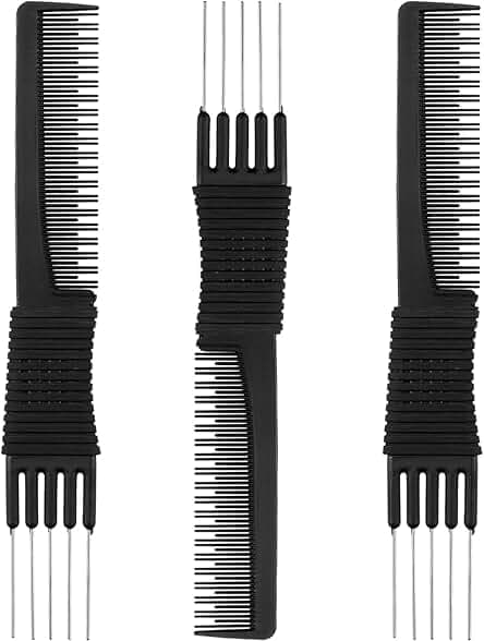 Leinuosen 3 Pack Carbon Lift Teasing Combs with Metal Prong, Hair Pick Comb for Women Hair Styling(Black)