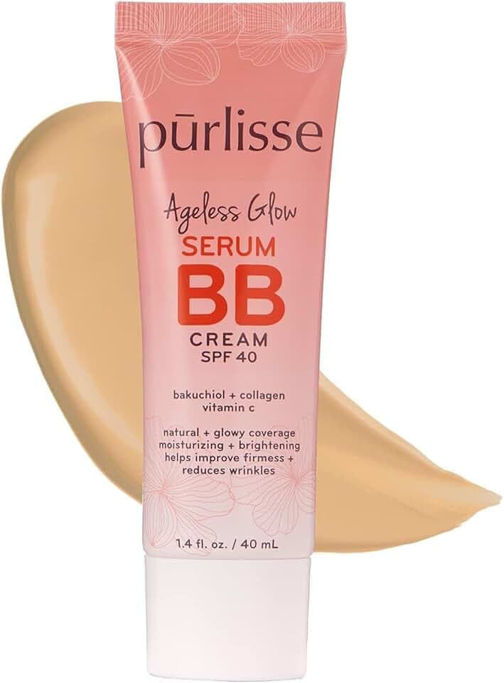 pūrlisse Ageless Glow Serum BB Cream SPF 40 - Glow BB Cream with SPF Enriched with Bakuchiol & Vitamin C to Help Improve Firmness & Reduce Wrinkles for Dewy Skin - Light Medium (1.4 oz)