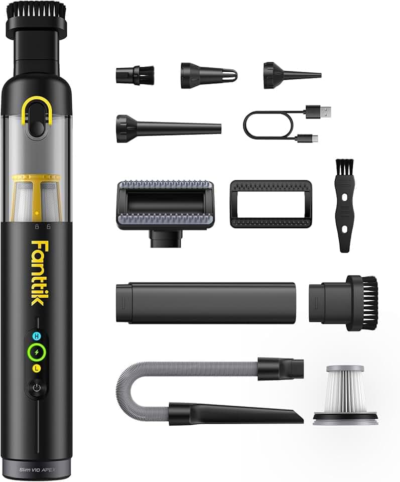 Fanttik Slim V10 Apex Cordless Car Vacuum, 4-in-1 Portable Mini Handheld Vacuum, 19000pa Suction Power, Upgraded Smart Digital Display, 2 Suction Modes for Car, Office Desk, Keyboards