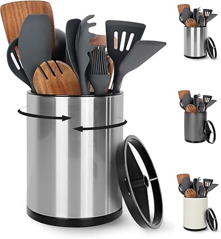 Extra Large Kitchen Utensil Holder, 360° Rotating Stainless Steel Cooking Utensil Holder for Countertop, 3 Compartment Flatware Organizer & Cooking Caddy with Removable Base（Silvery）