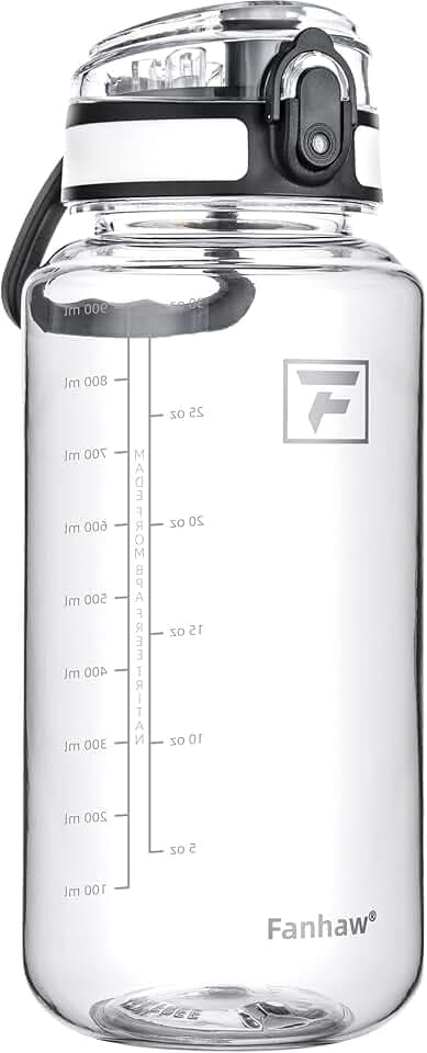 Fanhaw 32 Oz Clear Tritan Water Bottle with Chug Lid, BPA-free, Wide Mouth, Leak Proof - for Gym, Travel, Home, School, Office (Clear&White)