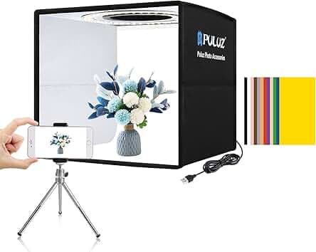 PULUZ Mini Photo Studio Light Box, Photo Shooting Tent kit, Portable Folding Photography Light Tent with CRI >95 102pcs LED Light & 6 Kinds Double-Sided Color Backgrounds for Small Size Products