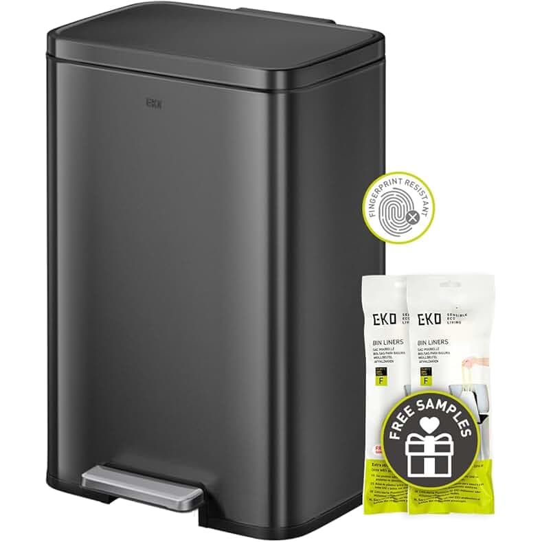 EKO Madison Matte Black 50 Liter/13.2 Gallon Step Trash Can with Inner Liner - Fingerprint Resistant Finish