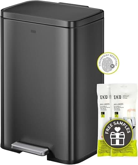 EKO Madison Matte Black 50 Liter/13.2 Gallon Step Trash Can with Inner Liner - Fingerprint Resistant Finish