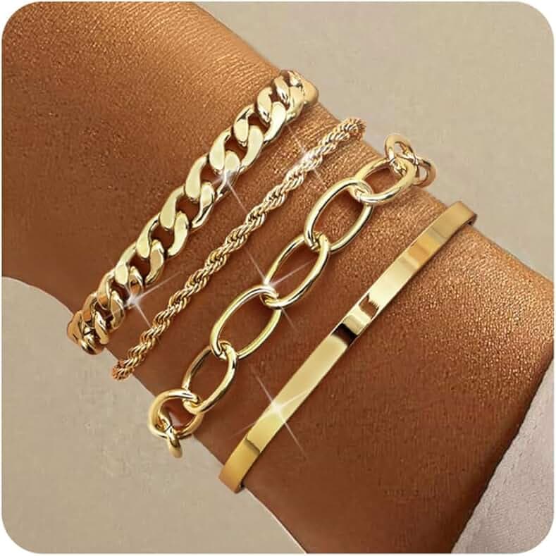 TEN MIRO 16k Chunky Gold Bracelets for Women Non Tarnish, Womens Gold Bracelet Stack Layered Chunky Chain Bracelets Waterproof Link Cuff Herringbone Bracelet Mothers' Day Jewelry Gifts