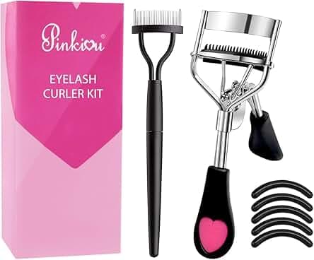 Pinkiou Eyelash Curlers with Comb and Eyelash Separator Set Professional Lash Curler with Built-in Comb Ergonomic Heart-Shaped Handle and Eyelash Comb Tool for Daily Makeup