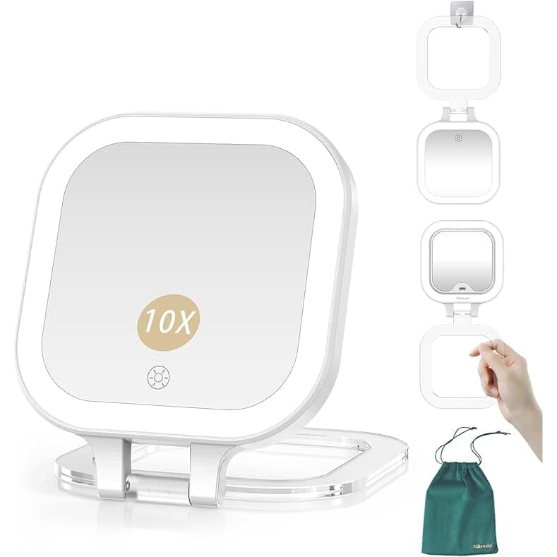 Mocado Compact Travel Makeup Mirror, 1X/10X Magnifying Mirror with Light, Double Sides Compact Mirror with 3 Color Light, Dimmable Handheld Mirror, Rechargeable Travel Mirror for Purse,Pocket(White)