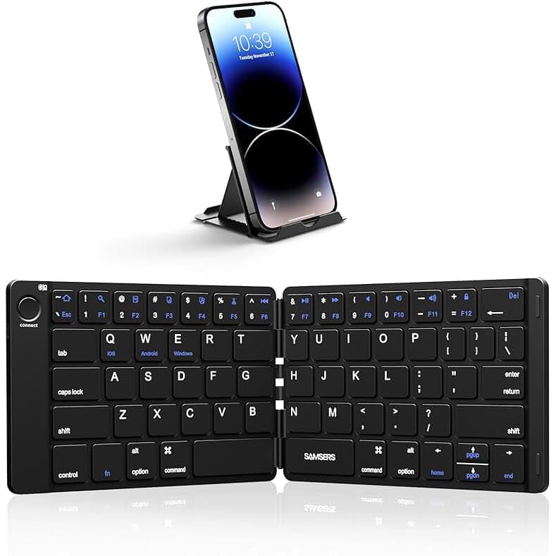 Samsers Foldable Bluetooth Keyboard - Portable Wireless Keyboard with Stand Holder, Rechargeable Full Size Ultra Slim Folding, Compatible iOS Android Windows Smartphone Tablet and Laptop - Black