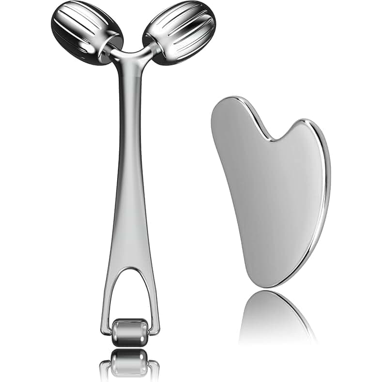 Yeamon Gua Sha Facial Tools and Face Roller Set, Facial Massage Tool for Women’s Skincare Routine,Cooling Stainless Steel Face Sculpting Eyes Roller Guasha for Daily Use or Self-Care Gift for Women