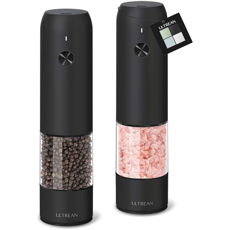 Ultrean Pepper Grinder, Rechargeable Salt and Pepper Grinder with 6 Adjustable Coarseness, LED Light, One-Hand Automatic Operation, Black
