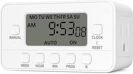 BN-LINK 7-Day Heavy Duty Digital Timer with Dual Outlet, LCD Display, 3-Prong Programmable Design, for Lights, Fans, Coffee Machine, Home, Kitchen, Office, Indoor Use, 125V 15A 1875W, 1 Pack